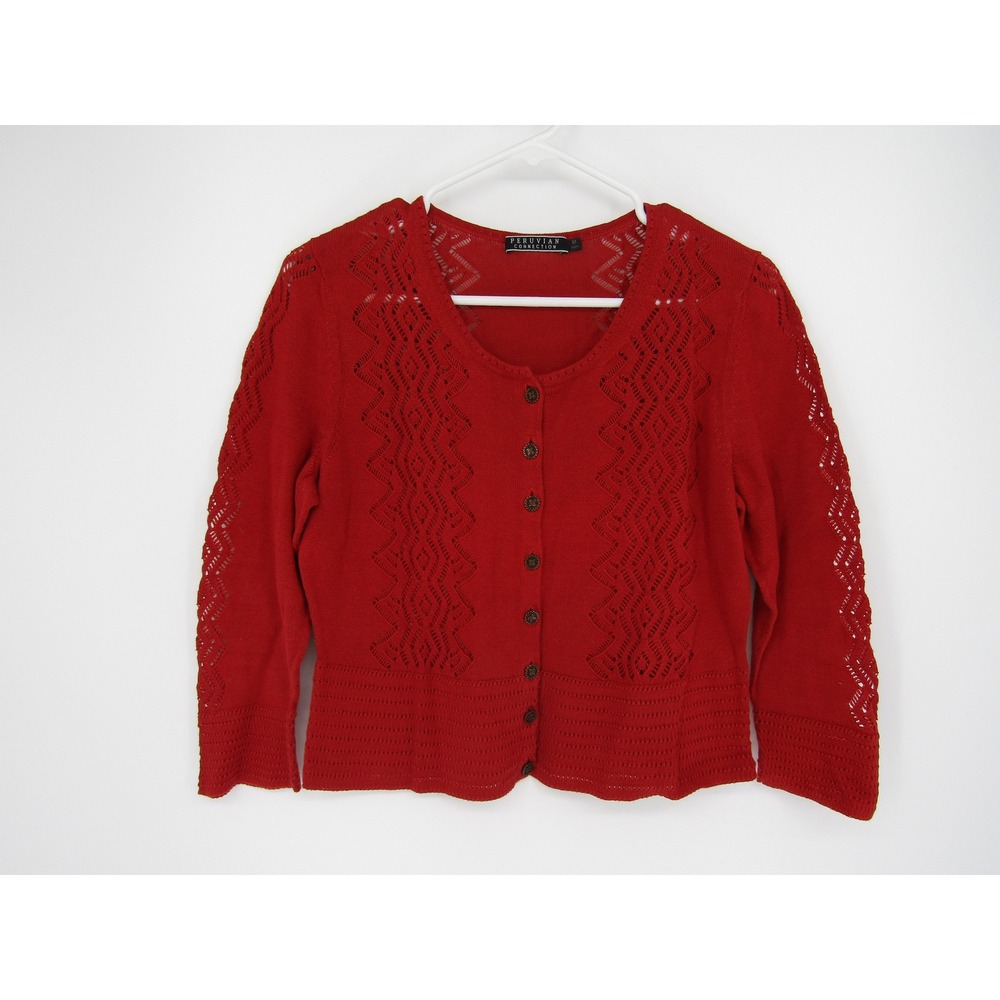 Peruvian Connection Crop Cardigan Medium Red Pima Cotton Pointelle Knit Boho
